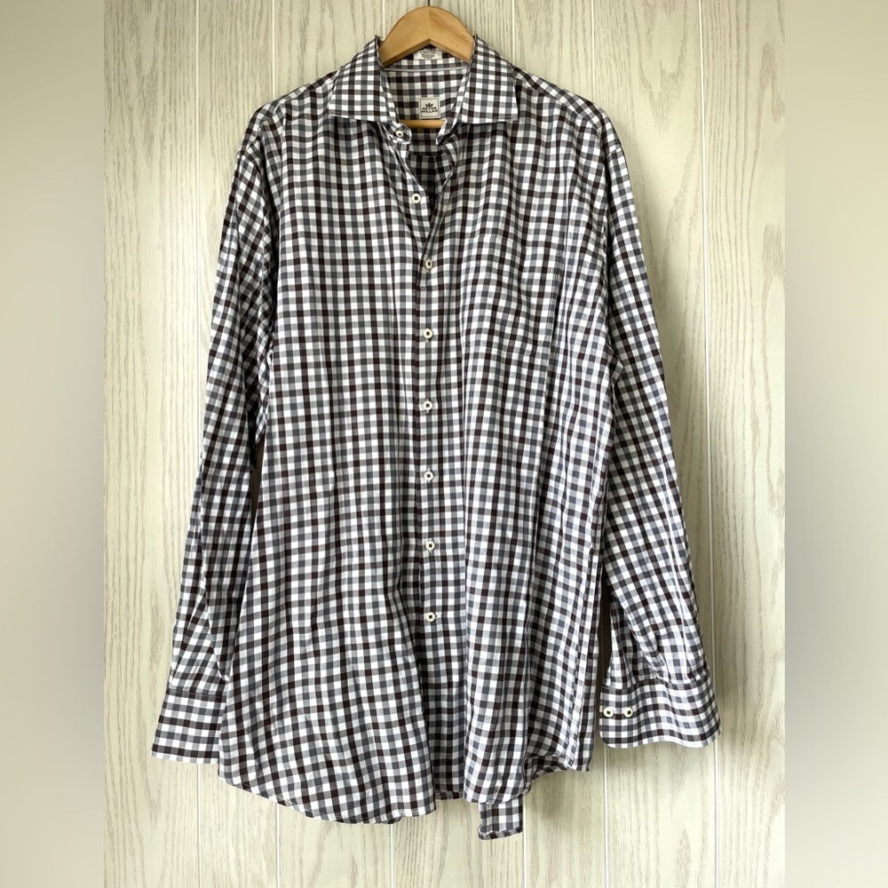 PETER MILLAR  Brown and White Checkered 100% Cotton Button Shirt Men's XL TALL